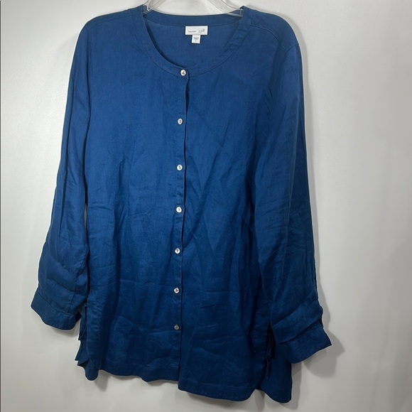 J.Jill Love Linen Blue Button Down Tunic Top Side Tie size large.100% linen - Picture 1 of 10
